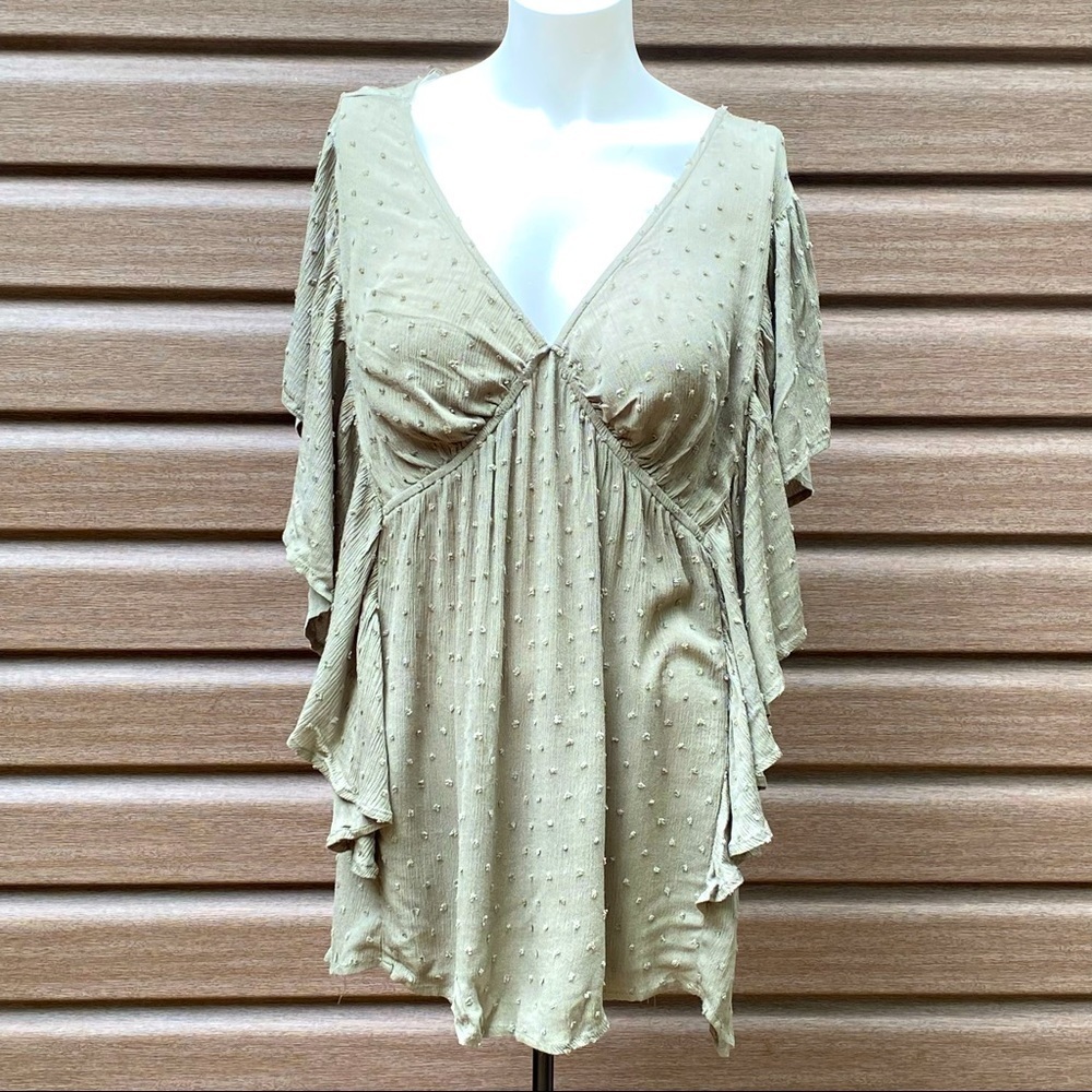 Kori America Ruffle Flare Deep V-Neck Dolted Empire Top